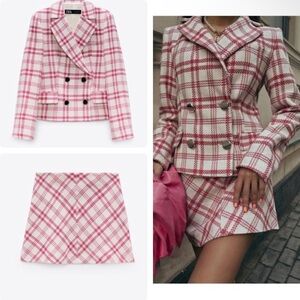 ZARA Textured Plaid Pink Blazer Skirt Suit SET
